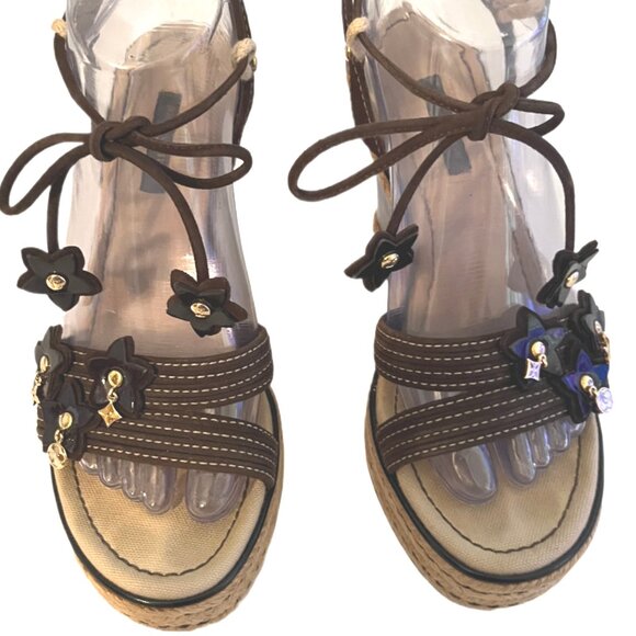 Louis Vuitton Brown Suede/Patent Leather Logo Charms Wedge Sandals Sz 36.5 -6.5 - Picture 6 of 16